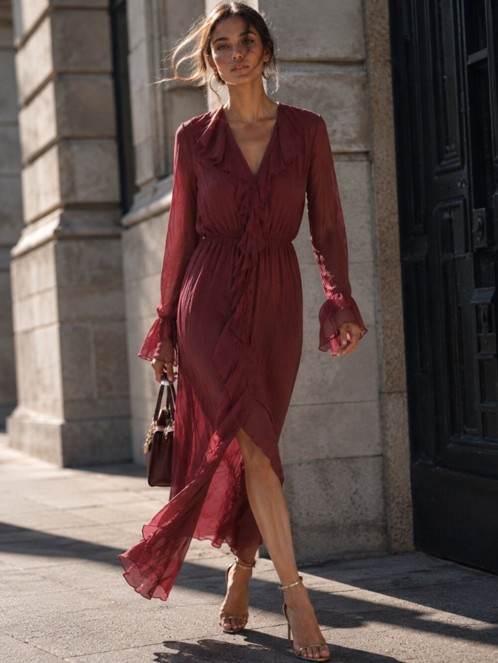 Zara Magenta Ruffled Midi Dress Sz XS NWT - Picture 3 of 14